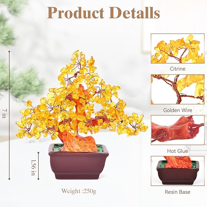 Feng Shui Quartz Crystal Money Tree Bonsai Style Decoration for Luck and Wealth (Yellow)