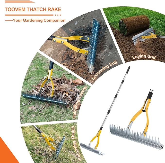 TOOVEM Thatch Rake, 15-inch Lawn Thatching Rake with Heavy Duty Steel Tines & Ergonomic Handle, 70-Inch Professional Dethatching Rakes for Effective Lawn Care, Garden & Yard Tool