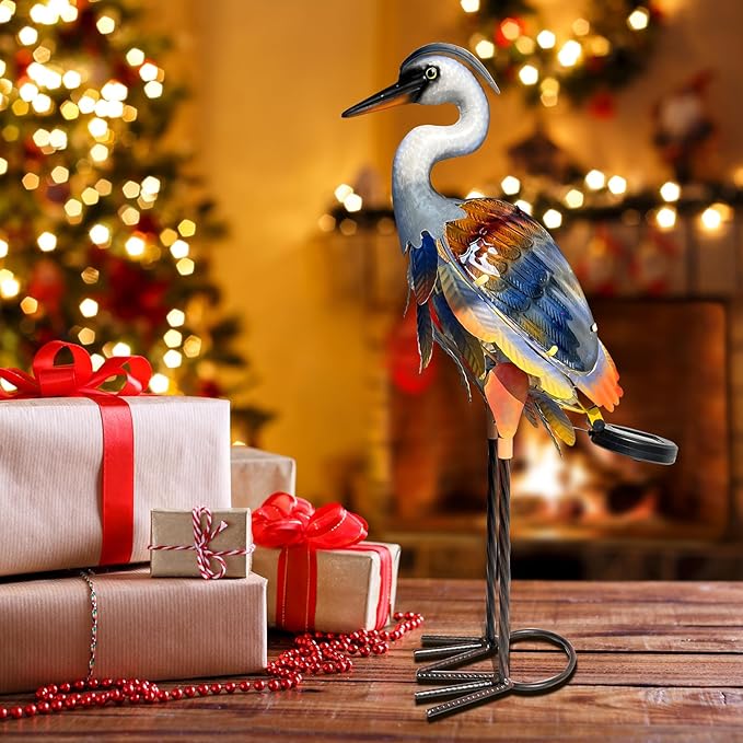 HONGLAND Solar Heron Metal Crane Statue Garden Heron Sculpture, Glass Outdoor Crane Yard Art Coastal Ocean Bird Decor 24 Inch Lawn Ornament for Backyard Porch Patio Decor（Purple）