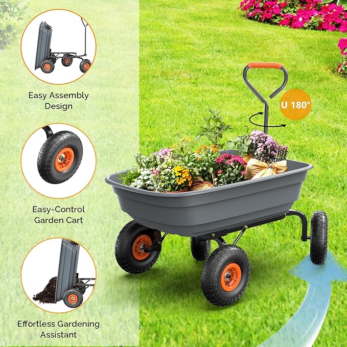 VINGLI Dump Cart Wagon, 440LBS Quick-Release Dump Wheelbarrow, All-Terrain 10" Tires Garden Wagon for Yard, Lawn and Outdoor Use