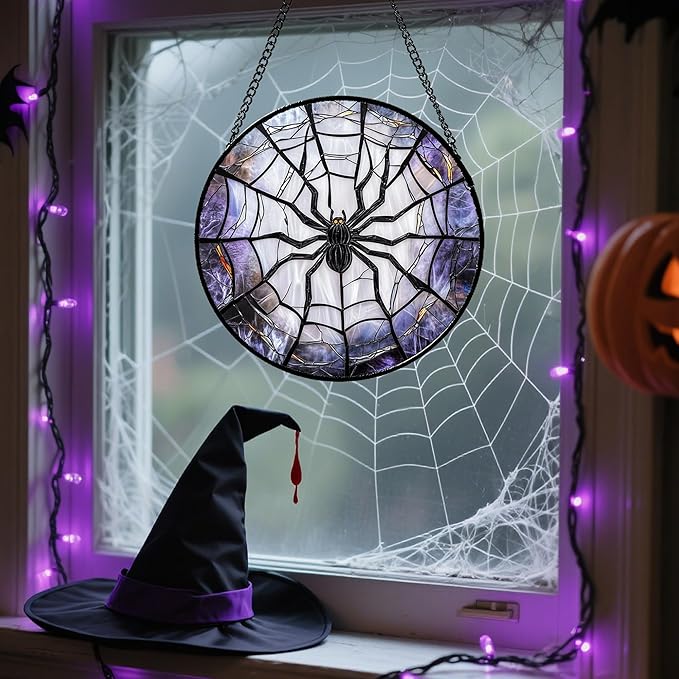 Stained Glass Window Hanging Funny Black Spider 7.8" - Suncatcher Door Garden Sunroom Sun Catcher Fall Decor Birthday Halloween for Friend Mom Men Woman Nana