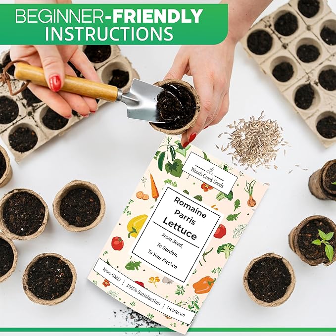Woods Creek Seeds: Romaine Parris White Cos Heirloom Lettuce Seeds for Planting - Over 2,700 Non-GMO Seed Pack for Indoors, Outdoors, or as Hydroponic Seeds - Beginner-Friendly Green Leaf Lettuce Seed
