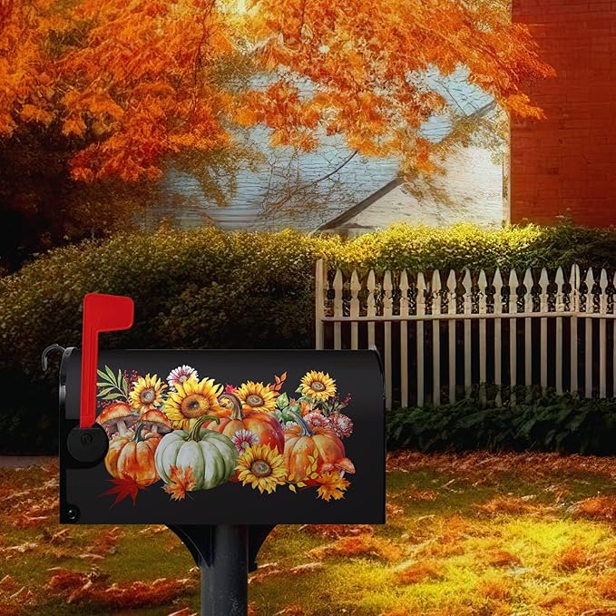 Fall Magnetic Large Size Thanksgiving Pumpkin Mailbox Cover With Maple Leaves - Waterproof Decor Flower Wraps for Garden Oversize 25.5 x 21 Inch