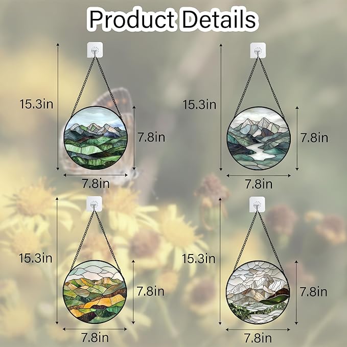 Stained Glass Window Hanging 4 Pcs Set Mountain River Landscape 7.8" - Suncatcher Door Garden Sun Catcher Decor Birthday Mother's Day for Mom Woman Nana Girl Boy Friend
