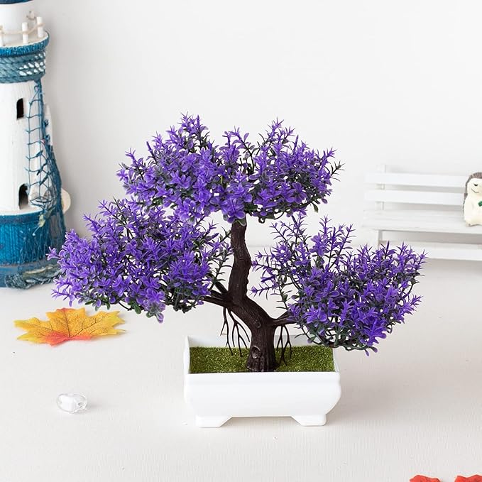 Mini Artificial Bonsai Tree Plants Artificial Plant Welcome Pine Tree with Plastic Cement Pots for Home Office Décor (Purple)