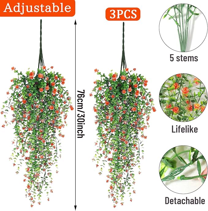 Artificial Hanging Flowers, 3 Pcs Fake Hanging Plants Artificial Vines for Outdoors, Fake Ivy Vine UV Resistant No Fade Faux Plants for Indoor Outside Garden Patio Yard Greenery Decoration (Orange)