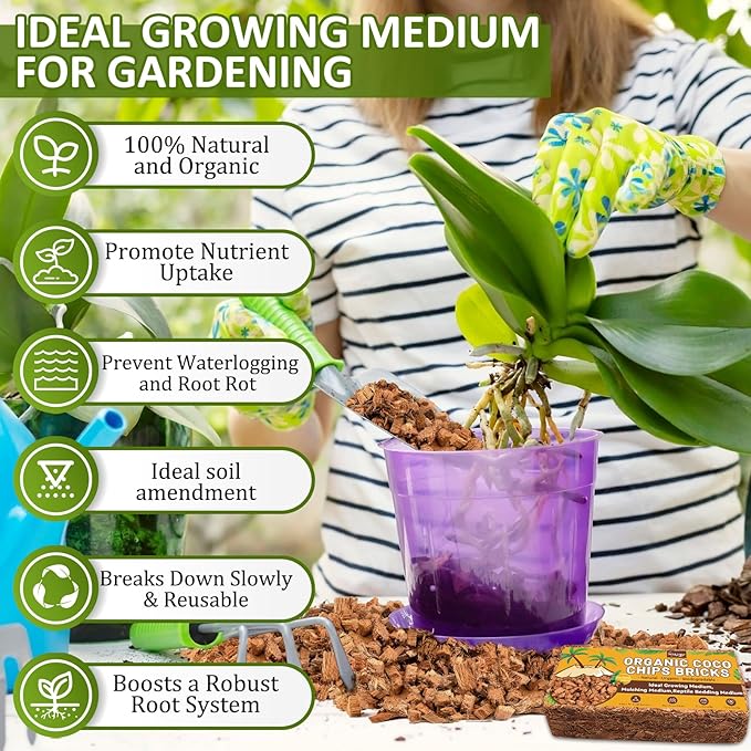Legigo 1.1 LB Coco Coir Chips for Plants- 100% Organic Coconut Chips Brick Potting Mix with Low EC & PH Balance, Coconut Husk Substrate Coco Husk Mulch for Garden, Planting, Orchid and Soil Mix