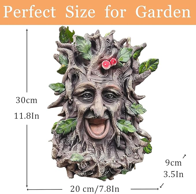12" Real Tree Face Hugger Statue, Outdoor Garden Resin Bird Feeder Sculpture with Foliage Features, Fairy Elve Accent Yard Art, Halloween Trees Decorations Outdoor Wall Mounted Statue