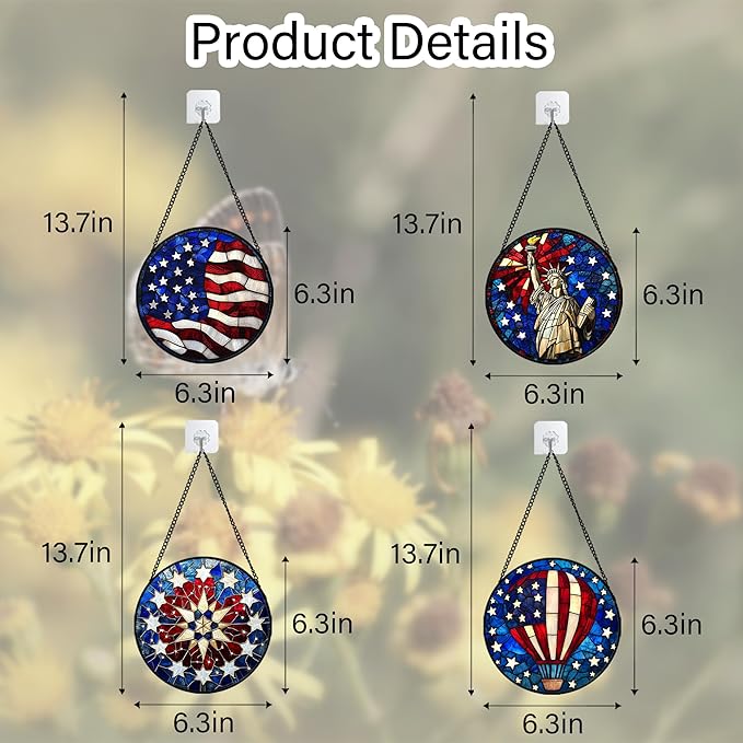 Stained Glass Window Hanging 4 Pcs Set Red Blue Flag Freedom Theme 6.3" - Suncatcher Door Garden Sun Catcher Decor Birthday Christmas for Mom Woman Nana Men Friend