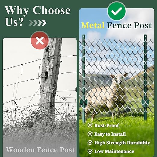 20 Pack Metal Fence Posts, 5ft Heavy Duty U-Post, Green Garden Stakes, No-Dig Post Anchors for Wire Fences, Temporary Fencing, Electric Fence, and Corner Support