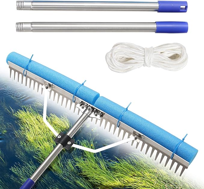 Landscape Rake, 78 Inch Adjustable Lightweight Pond Rake 36" Width Aluminum for Removing Weeds, Leaves, Beautifying Coastlines and Beaches