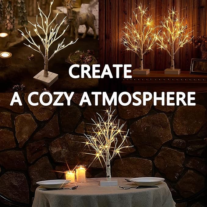 Fudios Lighted Birch Tree with Timer Battery Operated 18in Home Decor Tabletop, Pre lit Artificial Birch Trees with 24 LED for Wedding Christmas Party