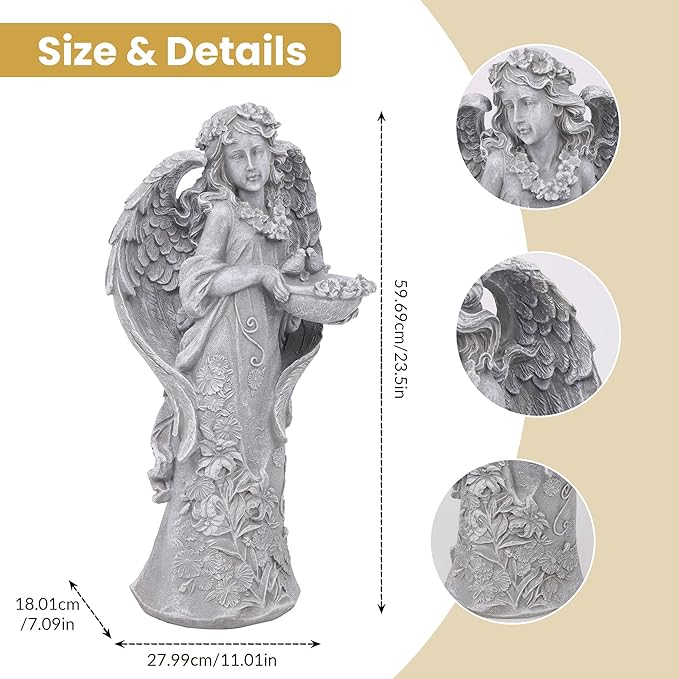 Hanna Roberts Outdoor Statues Angel Décor Garden Statue- 23.5" H Angel Statue,Resin Angel with Bird Figurine, Ideal for Yard, Patio, Deck, Home Entryway, and Hallway（Grey）