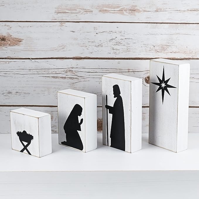 Ornativity Wooden Block Nativity Scene - Black Xmas Silhouette Christmas Figures on White Painted Wood Blocks Indoor Nativity Table Top Shelf Sitter Mantle Centerpiece Set Decorations - 1 Set