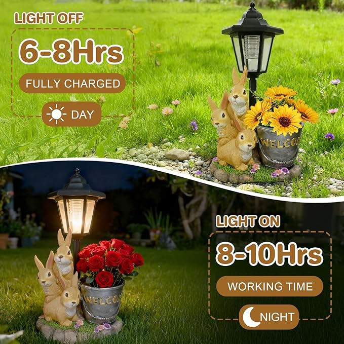 Outdoor Rabbit Garden Statues with Solar Lantern Flowerpot- Bunny Figurine Rabbit Decor for Home Lawn,Balcony Yard Art Garden Patio Decor,Unique Housewarming Birthday Gifts for Women Mom