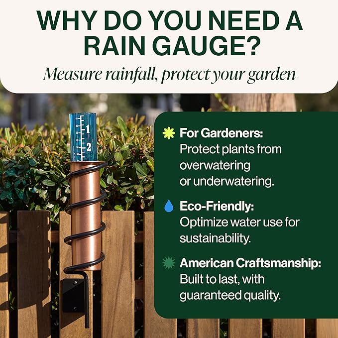 WCRG Copper Rain Gauge for Yard, Wood Fence Steel Mount - Outdoor Sprinkler Gauges, Shatterproof, Winter-Safe, Accurate, Decorative - The Original Floating Rain Gauge, USA Assembled & Designed