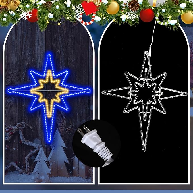 Outdoor Christmas Star of Bethlehem Large LED Star Window Plug Operated Lighted for Xmas Wall Window Indoor Outside Home Street Store Holiday Decorations(43'',Warm, Blue Light)