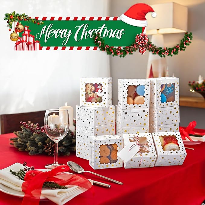 32Pcs 4x4x2.5 in Christmas Cookie Boxes with Window, White Bakery Boxes for Cookie, Treat Boxes Pastry Boxes for Gift Giving, Chocolate Covered Strawberries, Dessert, Donut, Cupcakes Muffins
