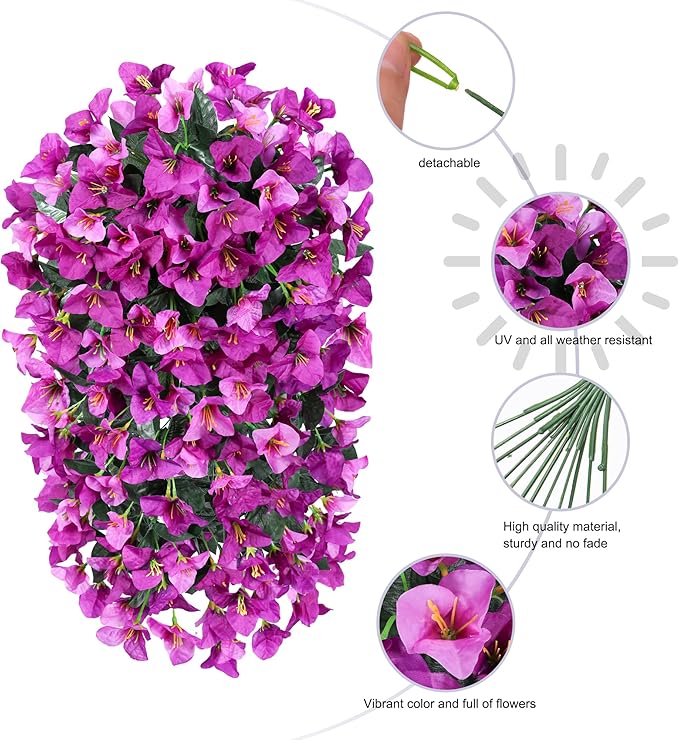Faux Bougainvillea Artificial Flowers Plants for Outdoors Outside Decoration, 2pcs Fake Flowers Silk Long Trailing Vines UV Resistant Realistic for Front Door Porch Planter Urn Patio Balcony Yard, Mix