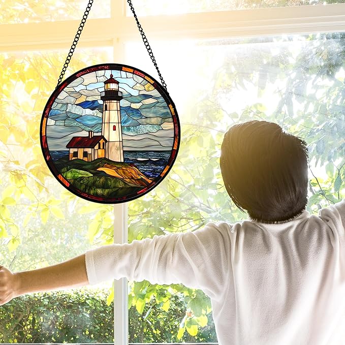 Stained Glass Window Hanging, Ocean Lighthouse Sun Catchers Glass Panel Blue Green Suncatcher Decor for Birthday for Women, Men, Wife, Aunt, and Mom 9.8 in