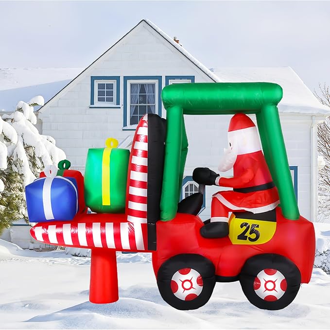 8FT Long Christmas Inflatables Decorations, Outdoor Santa Forklift Truck Decoration, Giant Blow Up with with Built-in LED Lights for Yard Garden Lawn Holiday Decor