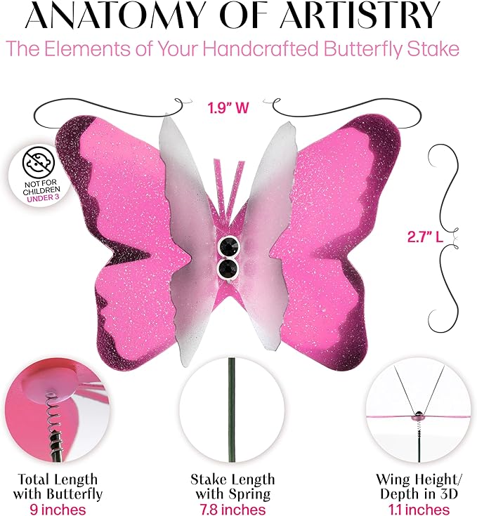 Handmade Lilac Pink Butterfly Garden Stakes Set of 7 - Decorative Outdoor & Indoor Plant Decor - Nature Lover Gift Idea by Air Aquarium Kushner
