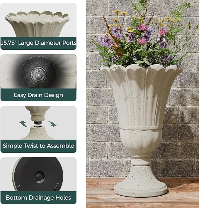 23.6" Tall Plastic Urn Planters for Outdoor Plants, Set of 2 Heavy-Duty Classic Indoor Large Flower Pots with Drainage Holes & Petal Design, Outdoor Planters for Porch, Home Garden, White
