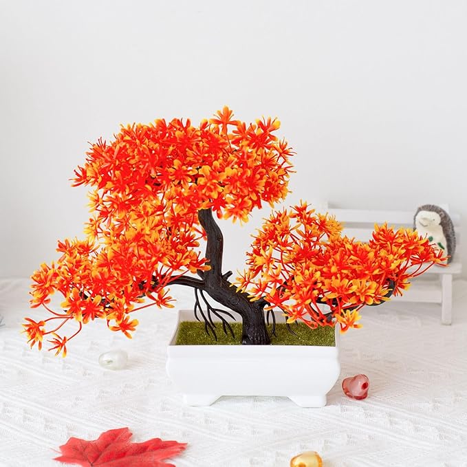 Mini Artificial Bonsai Tree Plants with Plastic Cement Pots for Home Office Décor(Orange)