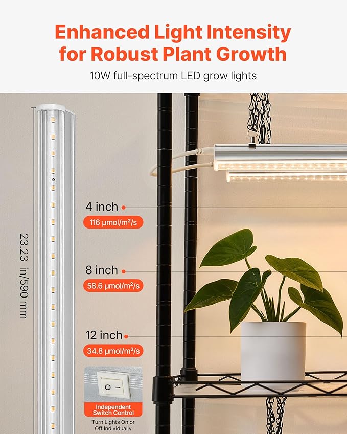 VEVOR Plant Shelf with Grow Light, 6-Tier Indoor Plant Stand, 71 in Tall Plants Display Rack with Wheels & 4/9/14H Timer, 80W T5 LED Full Spectrum Grow Lights, Flower Pot Holder for Seed Starting
