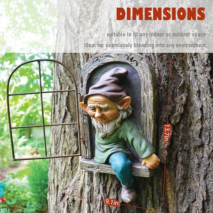 Gnome Tree Faces Statue Decor, 13 Inch Fairy Elf on The Shelf Door Whimsical Decorations, Yard Art Hugger for Garden Accessories Outdoor Wall