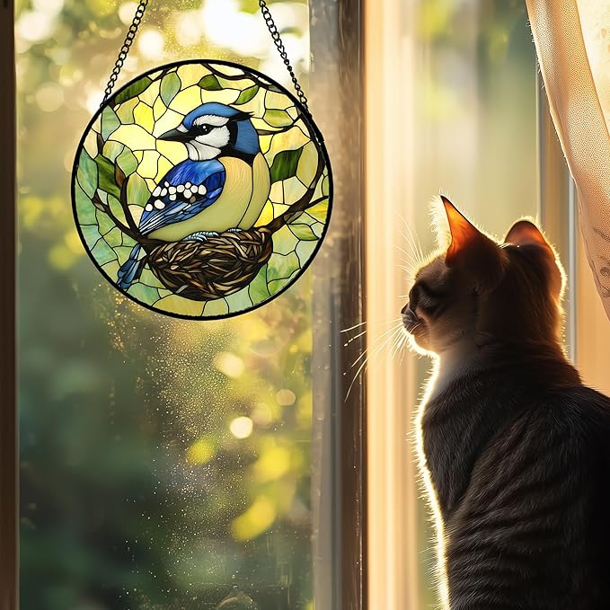 Stained Glass Window Hanging 4 Pcs Set Bird Theme On Branch 7.8" - Cardinal Suncatcher Door Garden Sun Catcher Decor Birthday Christmas for Mom Woman Nana Men