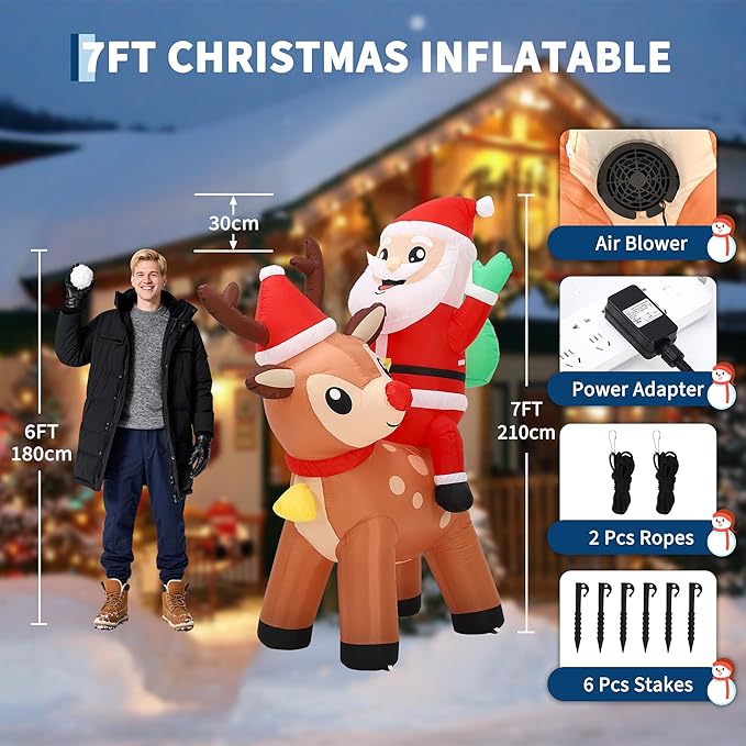 7 ft Outdoor Decorations Christmas Inflatable Santa Riding Reindeer Blow Up Yard Decoration with Built-in LED Lights for Outdoor Garden Lawn Xmas Holiday Decor