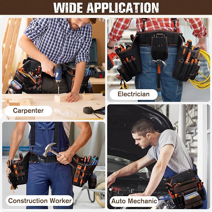 Tool Belts for Men, 36 Pockets Tool Belt with Suspenders, Heavy Duty Tool Belt Suspenders with Detachable & Adjustable Tool Pouches Bag for Electrician, Carpenter, Construction, Framers(35"-61")