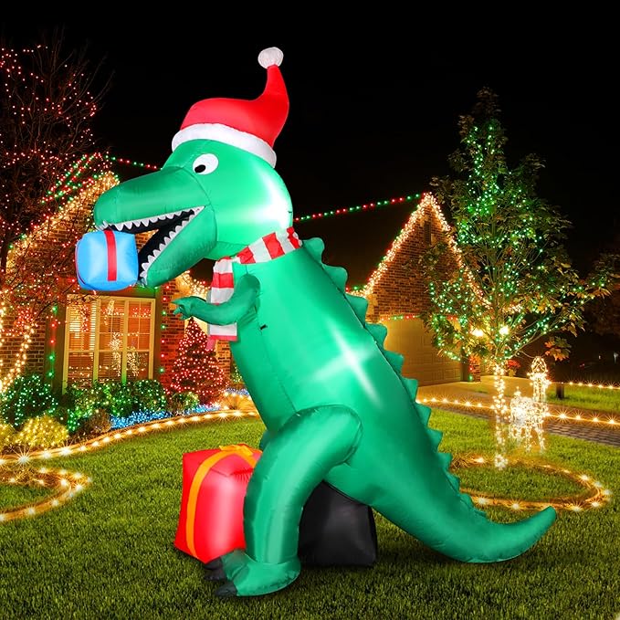 7FT Christmas Inflatables Dinosaur Outdoor Yard Decoration, Christmas Blow Up Giant Dinosaur Holding Gift Boxes with Built-in Bright LED Lights for Xmas Holiday Garden Lawn Yard Party Decor