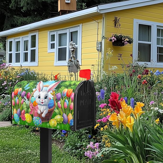 Easter Mailbox Covers Magnetic Rabbit Mailbox Cover Spring Colorful Tulips Post Letter Box Cover Outdoor Garden Holiday Decoration 21x18 in Eggs
