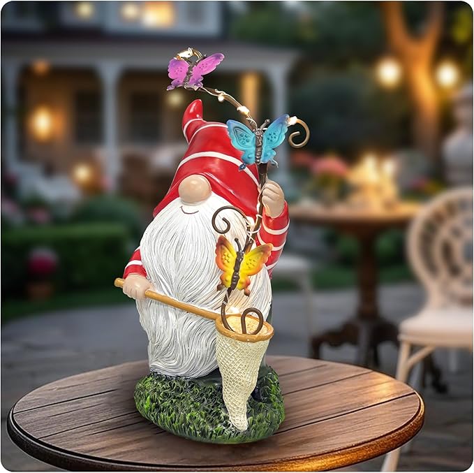 Solar Powered Gnome Garden Statue with Iron Butterflies - LED Lighted Garden Decorations, Resin Gnome with Butterfly Net, Gifts for Women and Men，Outdoor Decor Ornaments for Outside