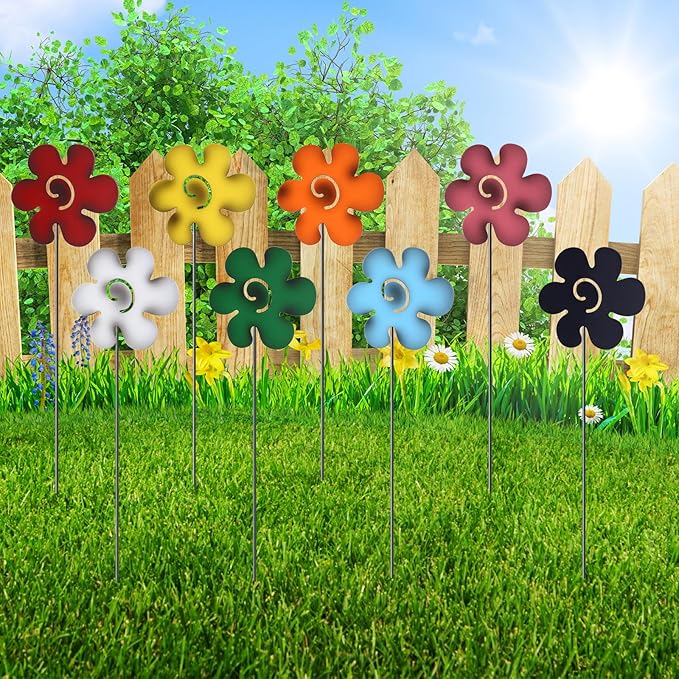 8 Pack Rustic Metal Flowers Decorative, 12" Farmhouse Garden Decor Outside Rust Garden Stakes, Spring Yard Art Ornament for Christmas Outdoor Lawn Porch Pathway Patio Decor