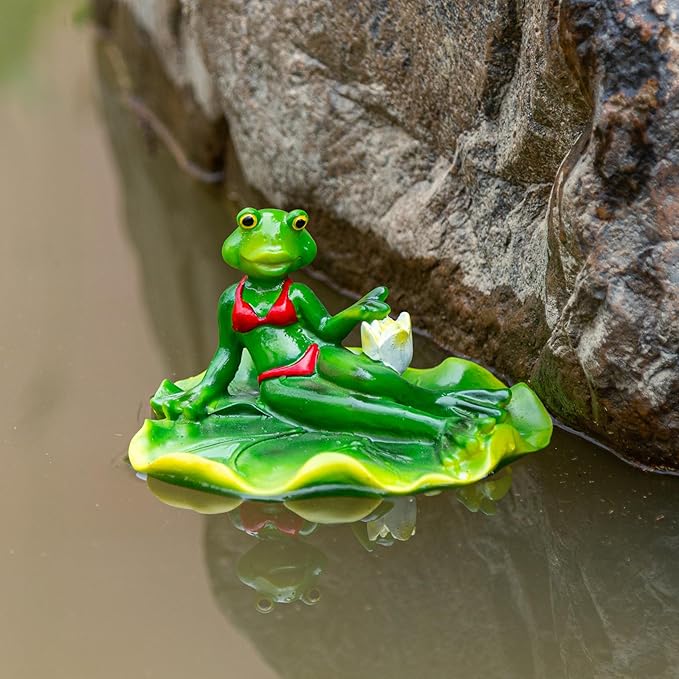 Floating Frog Garden Decor, Lily Pad Pond Ornament, Red Bikini Design,Craft for Floating Lotus Flower Home Garden Decoration Photo Prop Gift