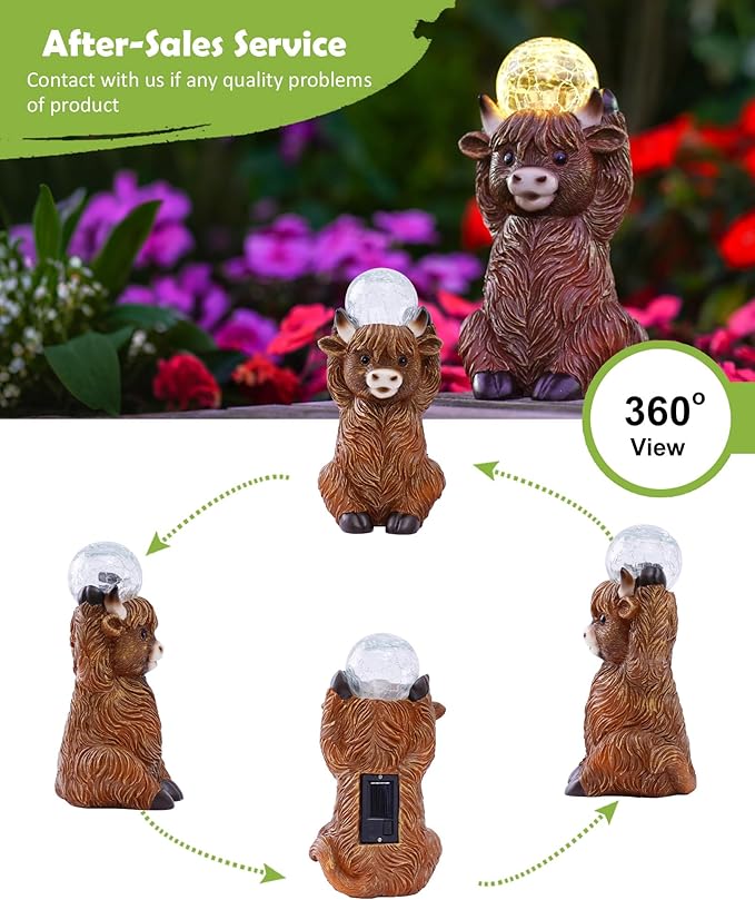 Nacome Solar Highland Cow Garden Decor - Outdoor Statues with Bubble Ball Balcony Lown Patio Porch Sculptures Front Yard Art for Outside - Birthday Gifts for Mom Grandma Women(Brown)