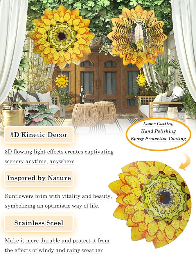 Sunflower Wind Spinner-3D Metal Hanging Wind Spinners, Perfect Ornament Gifts for Women/Men, 12 Inch Spinfinity Wind Spinner for Outdoor & Indoor Decorations, Yard Art, Garden Decoration