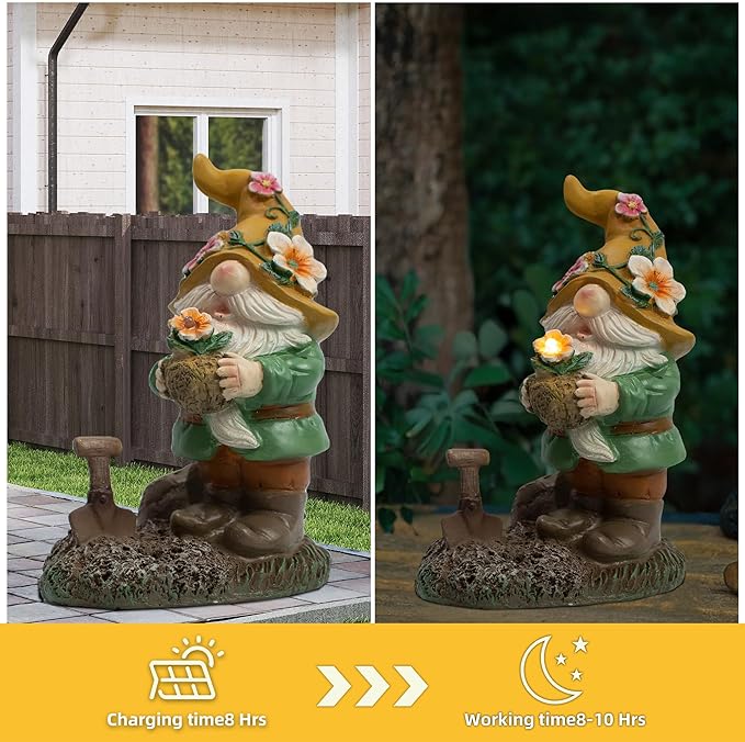 Garden Solar Gnomes Outdoor Statues with Flower Pot Gnome Outdoor Decor for Patio, Balcony, Lawn, Yard Ornament - Garden Gifts for Mothers Day, Housewarming, Festival