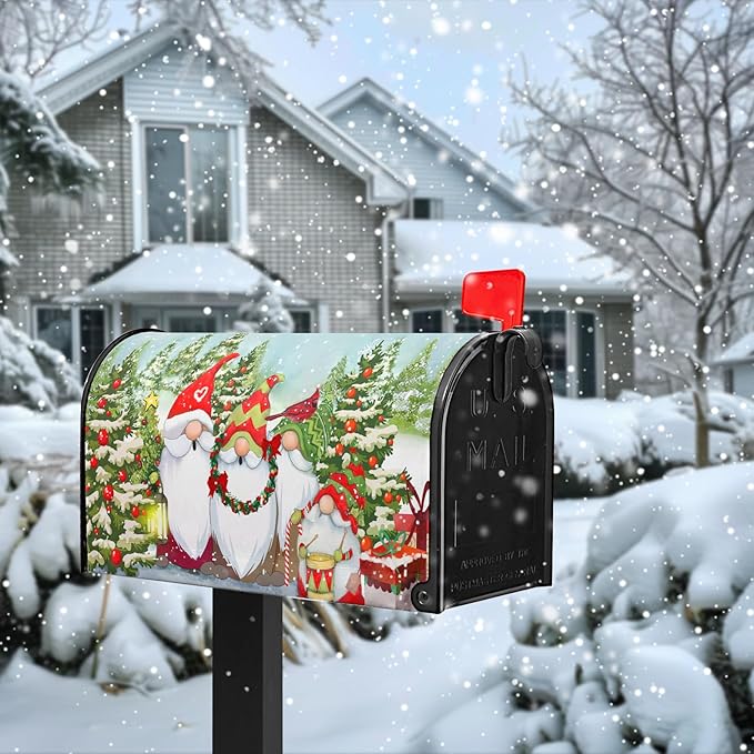 Winter Gnome Mailbox Covers Magnetic Large Size Snowman Snowflake Pines Mail Box Wraps Happy Holiday Xmas Snow Mail Post Covers Waterproof Oversized 25.5 X 21 Inch