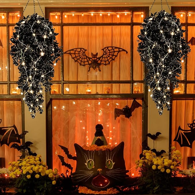 RECUTMS Black Fake Hanging Plants Realistic Artificial Hanging Plants Outdoor with LED String Lamps Hanging Leaves Vines Plastic Rose Flowers All Year Round Decor for Halloween (Black)