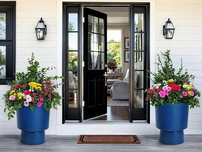 16.75" H Urn-Style Tall Planters, 2-Pack Modern Large Flower Pots for Outdoor Indoor, 2-in-1 Design Plant Containers for Garden Patio Yard Balcony Porch or Home Decor, Cobalt Blue, UV-Protect