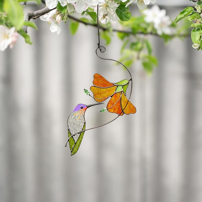 Multicolor Hummingbird Handmade Stained Glass Suncatcher Genuine Stained Glass Window Hangings Unique Indoor Ornament & Outdoor Decor (Hummingbird with Hibiscus)