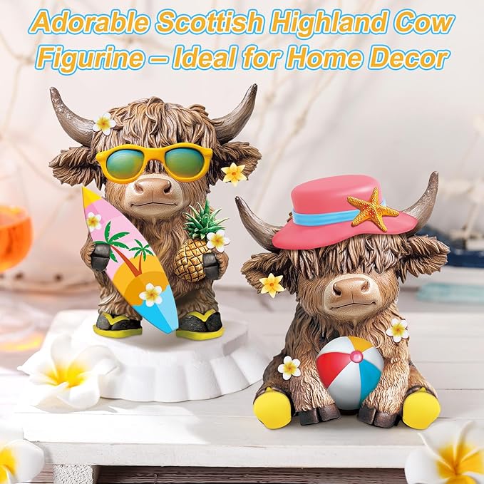 Karenhi 2 Pcs Highland Cow Figurines Summer Beach Seaside Coastal Highland Cow Gnomes Scottish Resin Statue Calf Lovers Gifts for Summer Home Garden Kitchen Office Tiered Tray Table Decor