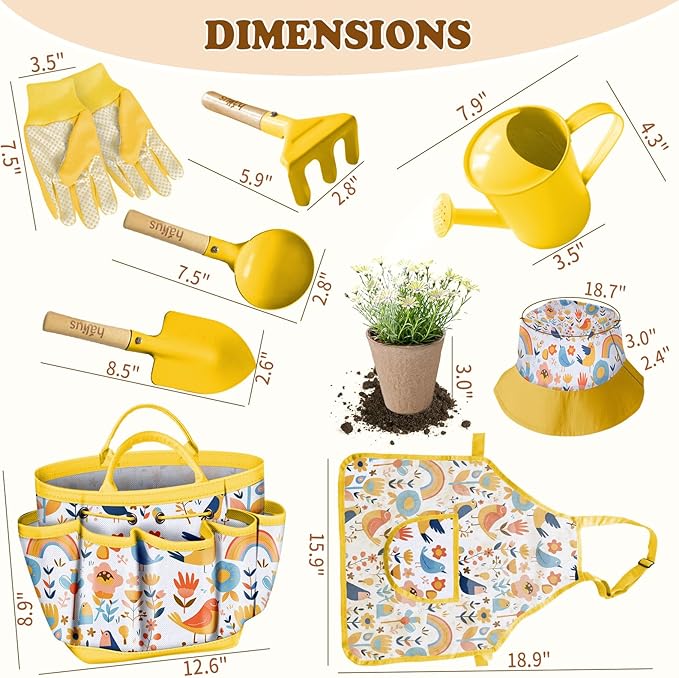Kids Gardening Tool Set 18PCS Kids Toddler Gardening Set Includes Tote Bag Watering Can Apron Hat Rake Shovel Spoon Gloves Plant Pots and Labels, Outdoor Toys Gift for Boys Girls (Yellow)