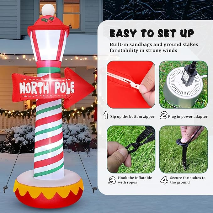 FunFanso 6FT Christmas Inflatables North Pole Road Sign Outdoor Decoration, Blow Up Street Lamp with Built-in LED Lights, Santa Claus Arctic Road Sign for Holiday Display Lawn Garden Yard Xmas Decor