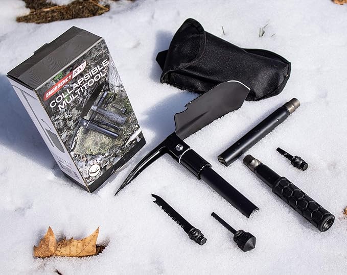Emergency Zone 12-in-1 Collapsible Folding Shovel | Military 19.5 Inch Survival Shovel | Multitool with Carrying Case | Great for Hiking, Camping, Backpacking, Gardening, to Keep in Your Car | 1 Pack