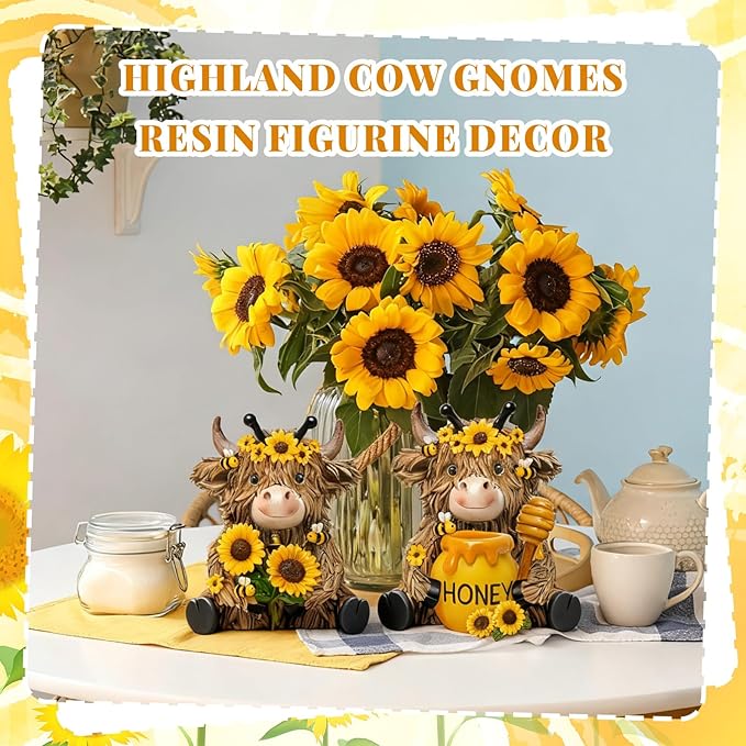 2 Pack Bee Highland Cow Resin Figurine Summer Bee Bathroom Highland Cow Gnomes with Sunflower Starfish Resin Statue for Garden Table Shelf Home Decor Calf Gnome Herd Gifts